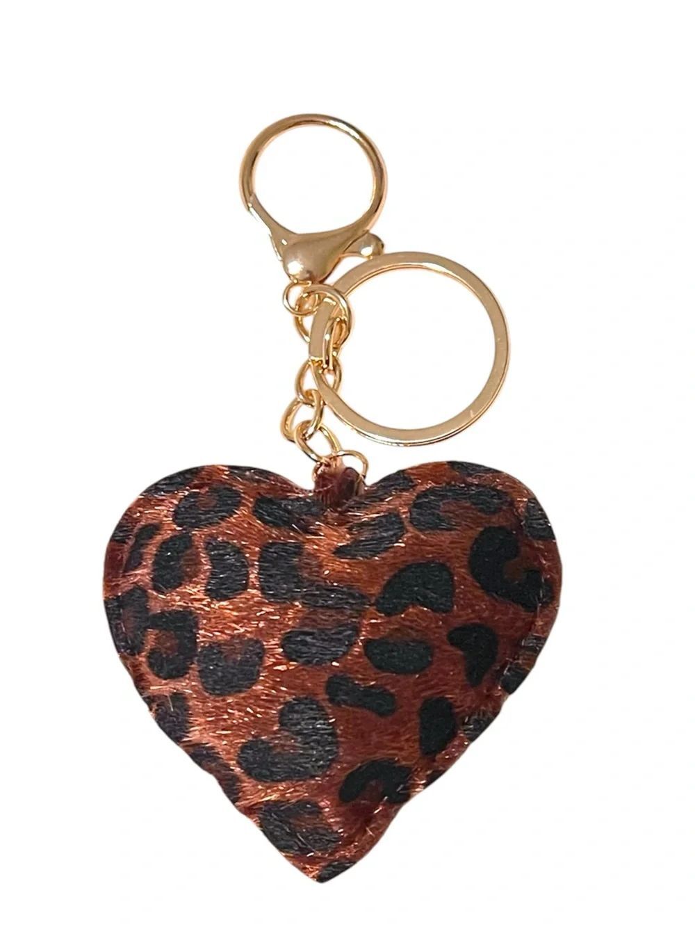 Brown Leopard Print Faux Fur Heart Keychain Bag Charm
